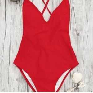 Red One piece bathing suit, scrunch bum